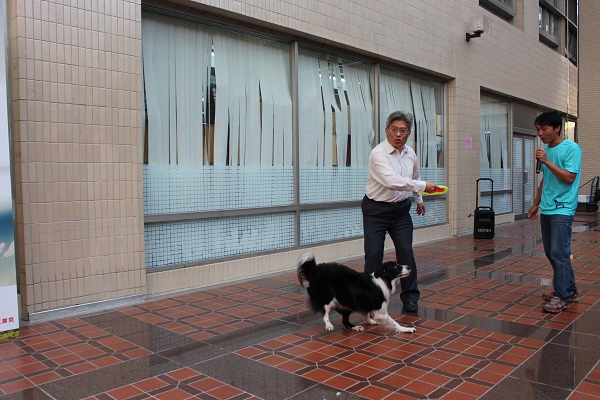 台北市動保處處長嚴一峰與專業飛盤狗示範「飛盤狗競賽」項目，不過飛盤狗競賽看的不只是狗狗的靈敏度，也考驗狗狗與飼主間的默契。 李娉婷/攝